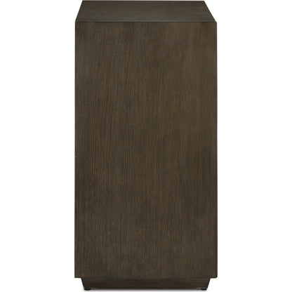 Kendall Chest by Currey and Company in dove gray, polished brass. Made from oak solids, veneers, brass in a transitional style.