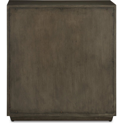 Kendall Chest by Currey and Company in dove gray, polished brass. Made from oak solids, veneers, brass in a transitional style.