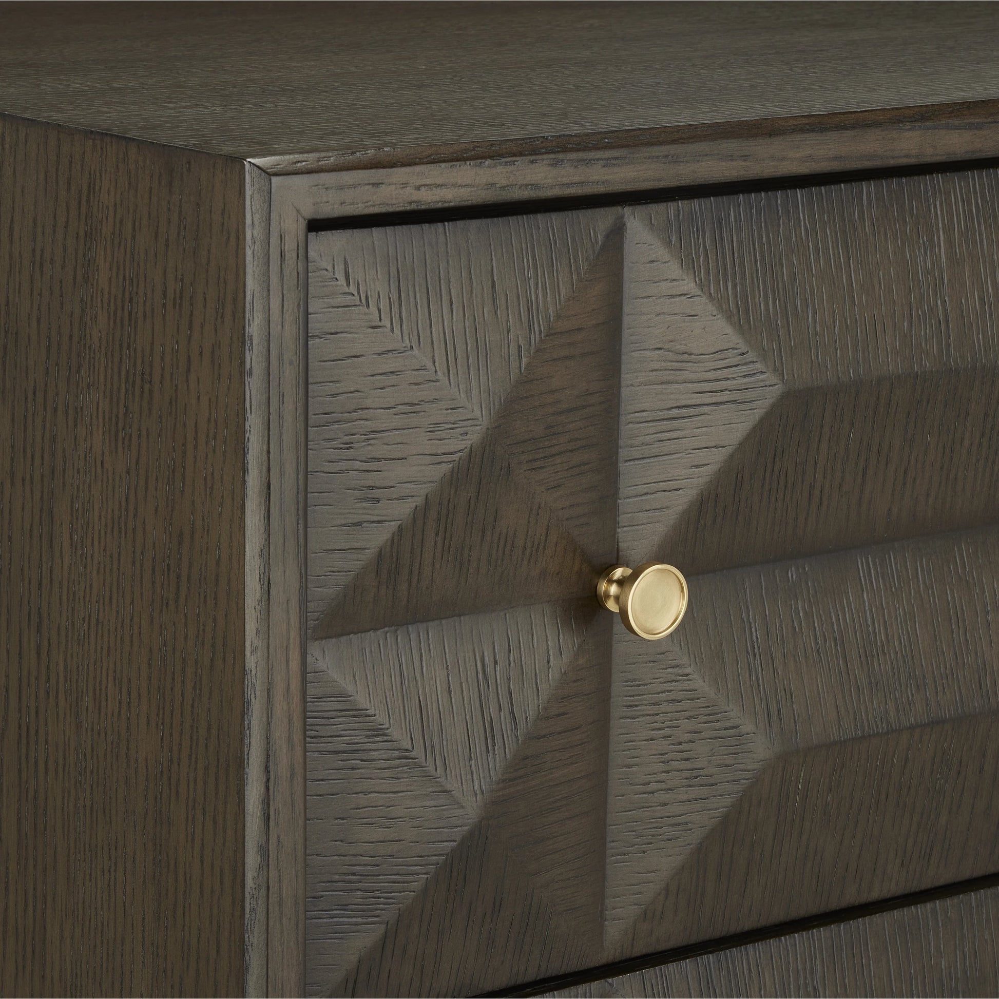 Kendall Chest by Currey and Company in dove gray, polished brass. Made from oak solids, veneers, brass in a transitional style.