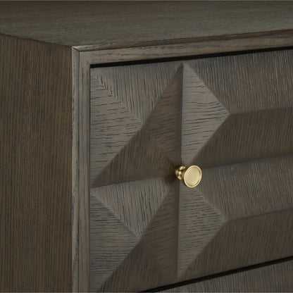Kendall Chest by Currey and Company in dove gray, polished brass. Made from oak solids, veneers, brass in a transitional style.