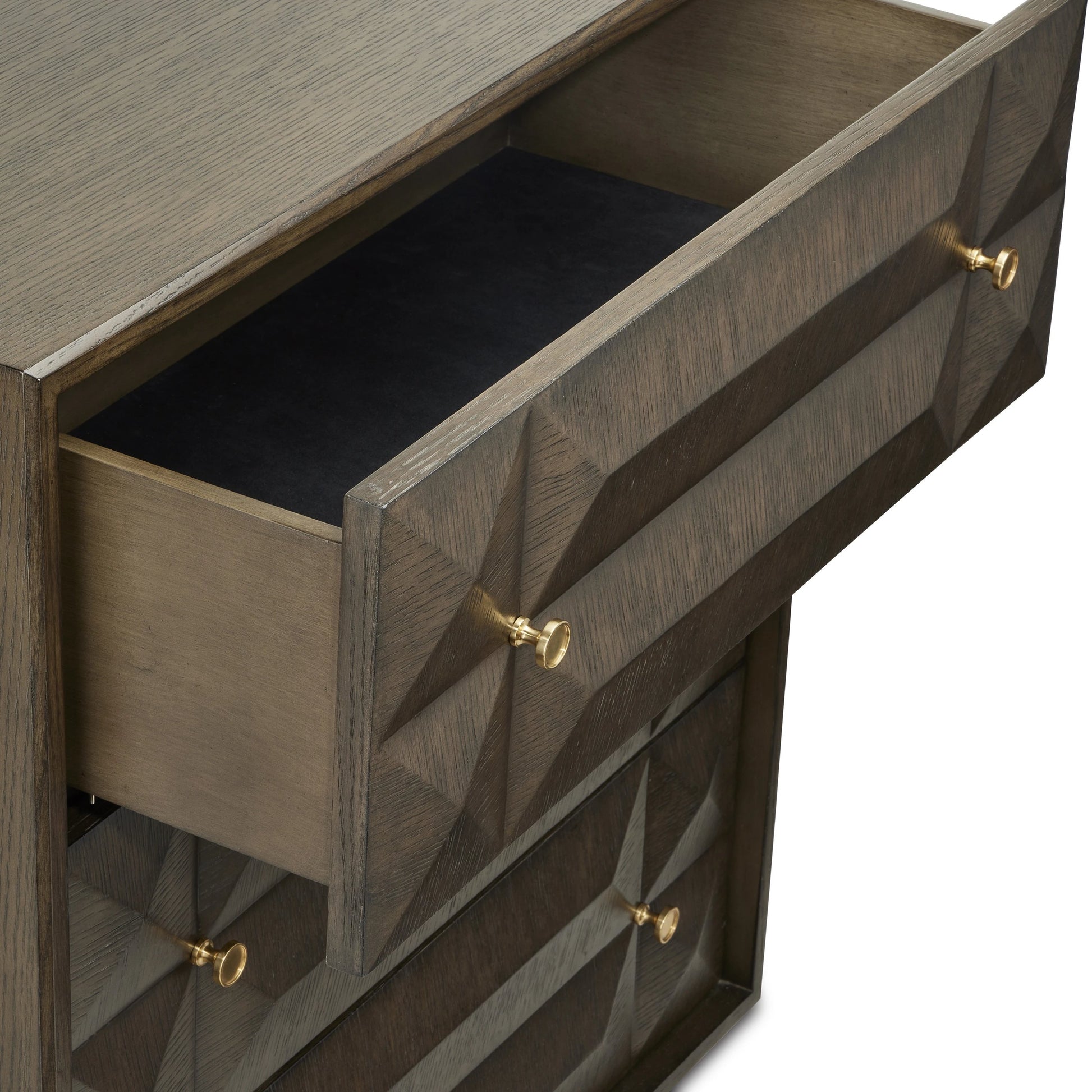 Kendall Chest by Currey and Company in dove gray, polished brass. Made from oak solids, veneers, brass in a transitional style.