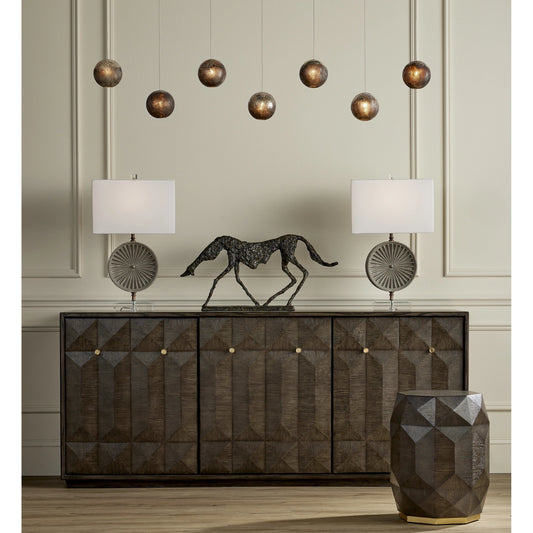 Kendall Credenza by Currey and Company in dove gray, polished brass. Made from oak solids, veneers, brass in a transitional style.