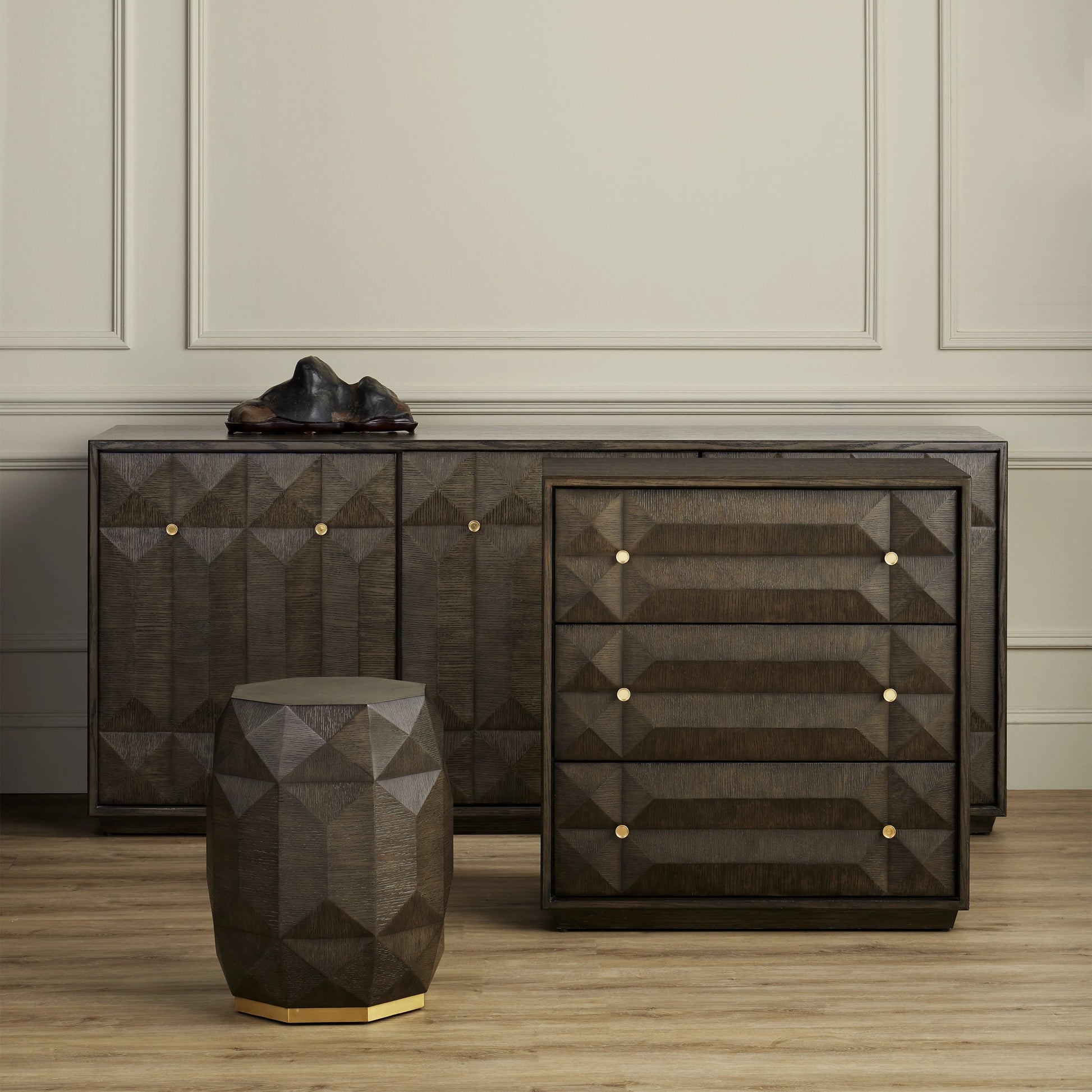 Kendall Credenza by Currey and Company in dove gray, polished brass. Made from oak solids, veneers, brass in a transitional style.