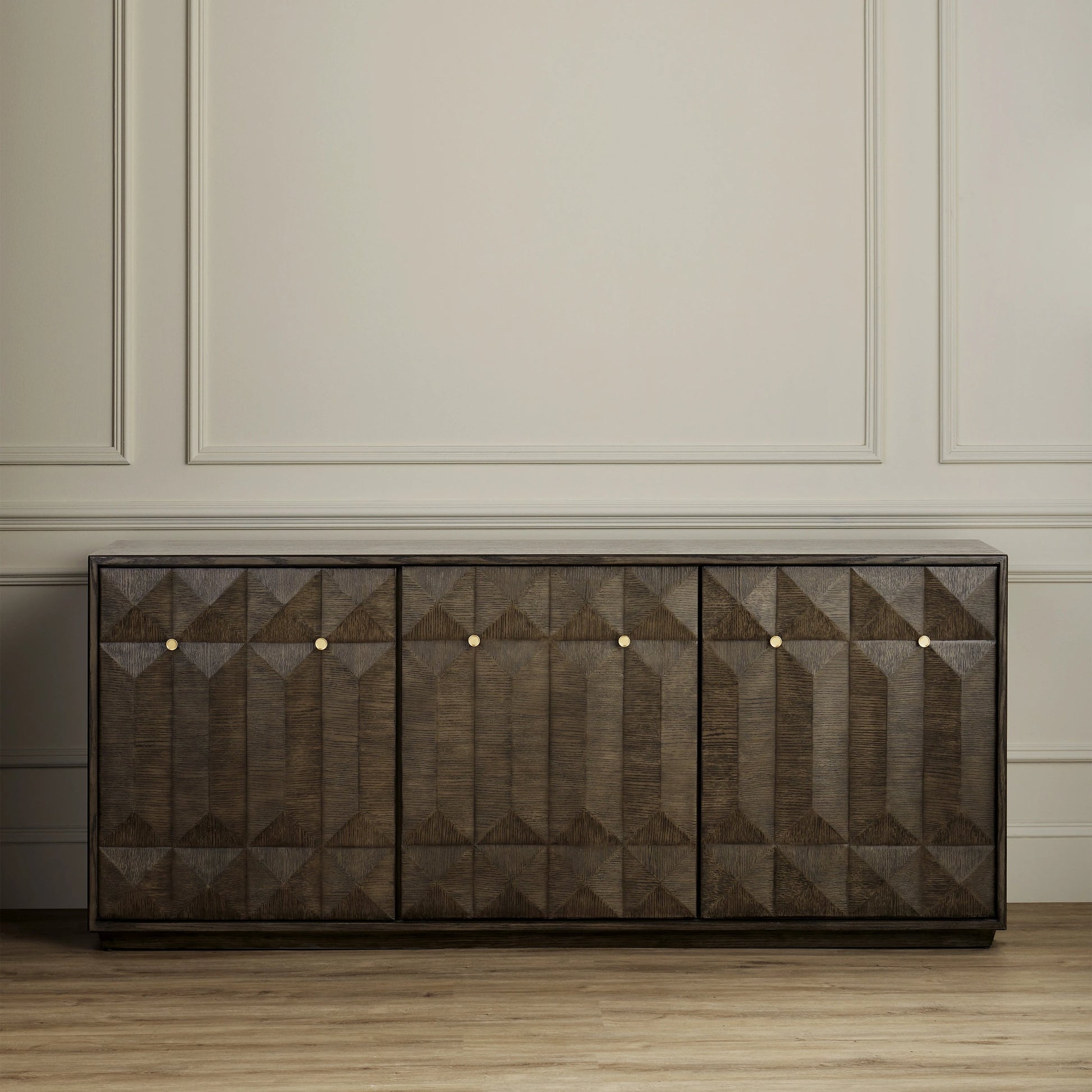 Kendall Credenza by Currey and Company in dove gray, polished brass. Made from oak solids, veneers, brass in a transitional style.