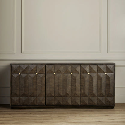 Kendall Credenza by Currey and Company in dove gray, polished brass. Made from oak solids, veneers, brass in a transitional style.