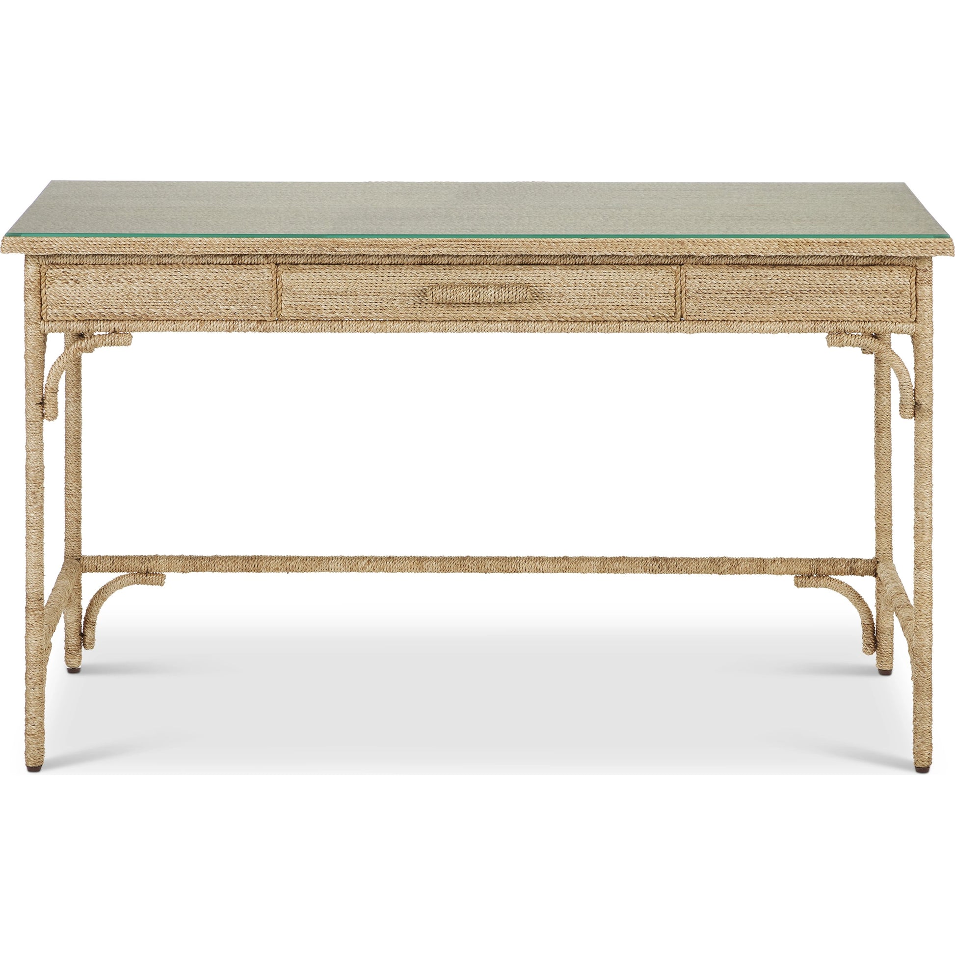 Olisa Rope Desk by Currey and Company in natural, brown carafe. Made from abaca rope, wood, wrought iron in a modern style.