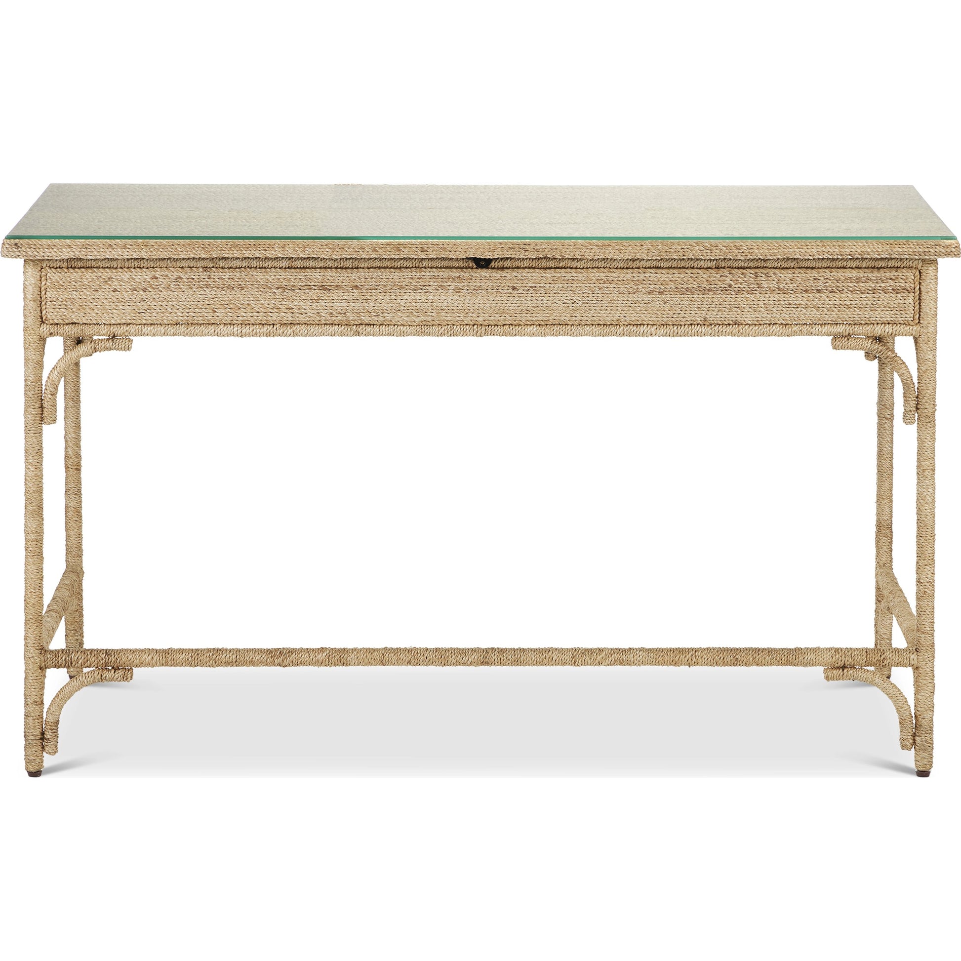 Olisa Rope Desk by Currey and Company in natural, brown carafe. Made from abaca rope, wood, wrought iron in a modern style.