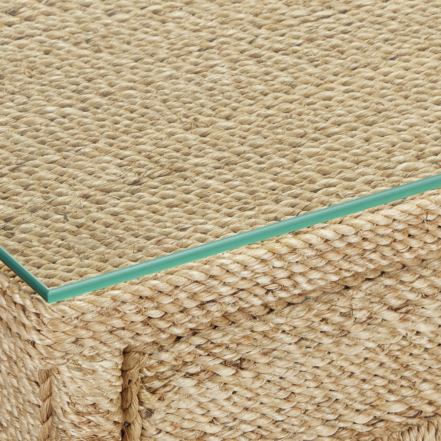 003 SI-2007830 | Closeup | Olisa Rope Desk by Currey and Company in natural, brown carafe. Made from abaca rope, wood, wrought iron in a modern style.