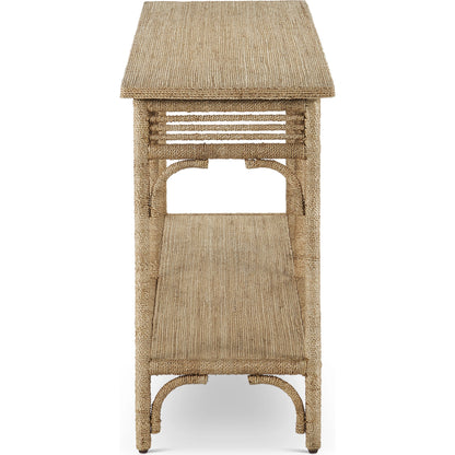 Olisa Rope Console Table by Currey and Company in natural, brown carafe. Made from abaca rope, wood, iron in a modern style.