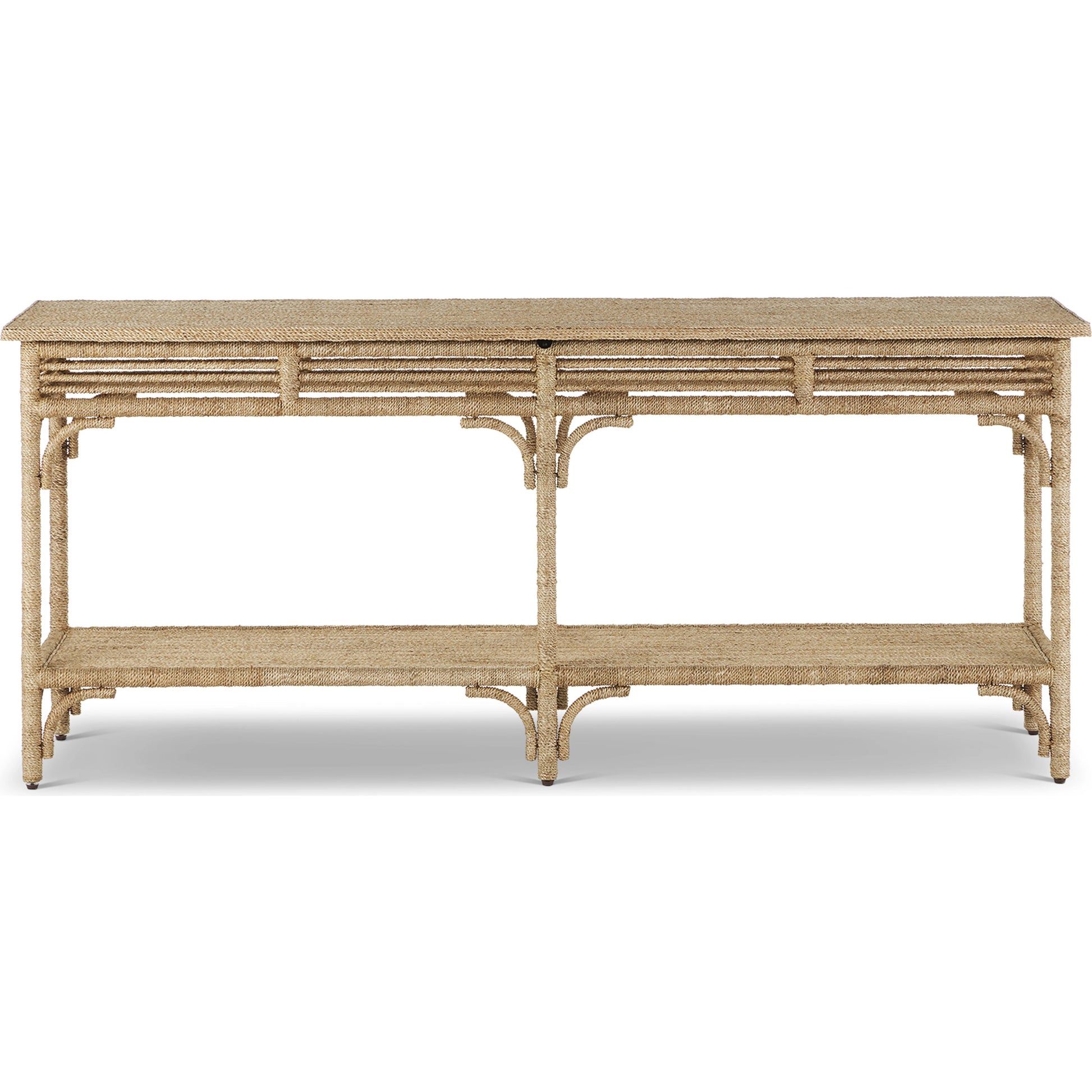 Olisa Rope Console Table by Currey and Company in natural, brown carafe. Made from abaca rope, wood, iron in a modern style.