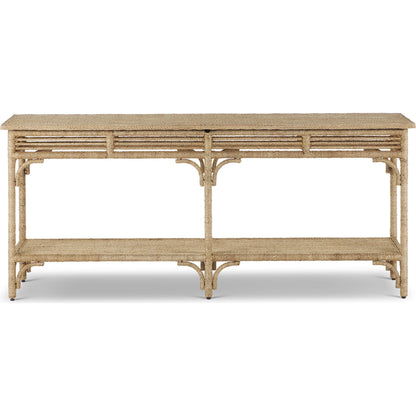 Olisa Rope Console Table by Currey and Company in natural, brown carafe. Made from abaca rope, wood, iron in a modern style.