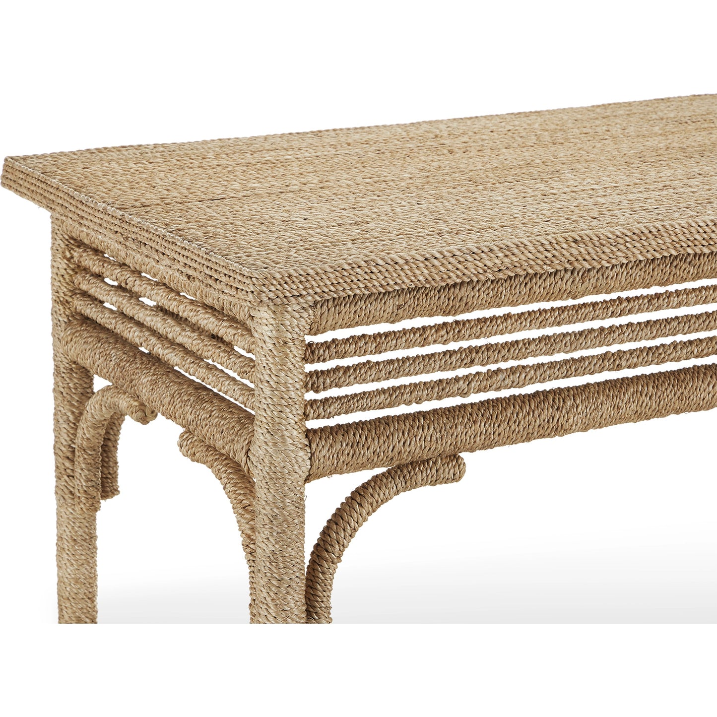 004 SI-2007829 | Closeup | Olisa Rope Console Table by Currey and Company in natural, brown carafe. Made from abaca rope, wood, iron in a modern style.
