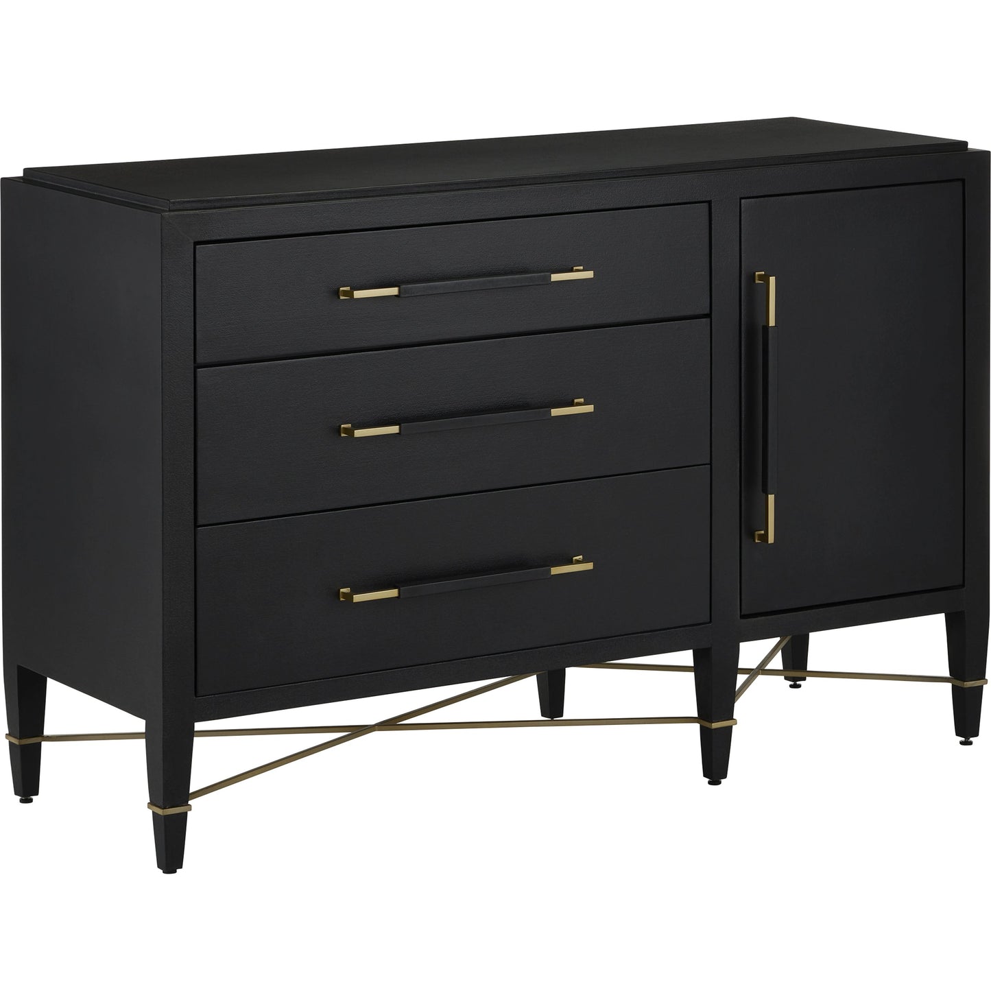 002 SI-2007903 | Additional Silo | Verona Three-Drawer Chest by Currey and Company in lacquered black linen, champagne. Made from black linen, mahogany, brass, iron in a traditional style.
