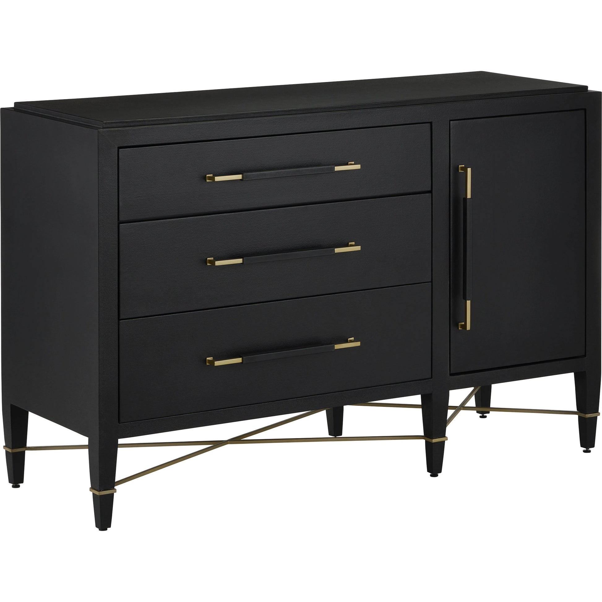 Verona Three-Drawer Chest by Currey and Company in lacquered black linen, champagne. Made from black linen, mahogany, brass, iron in a traditional style.