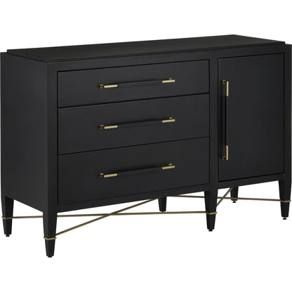 Verona Three-Drawer Chest by Currey and Company in lacquered black linen, champagne. Made from black linen, mahogany, brass, iron in a traditional style.