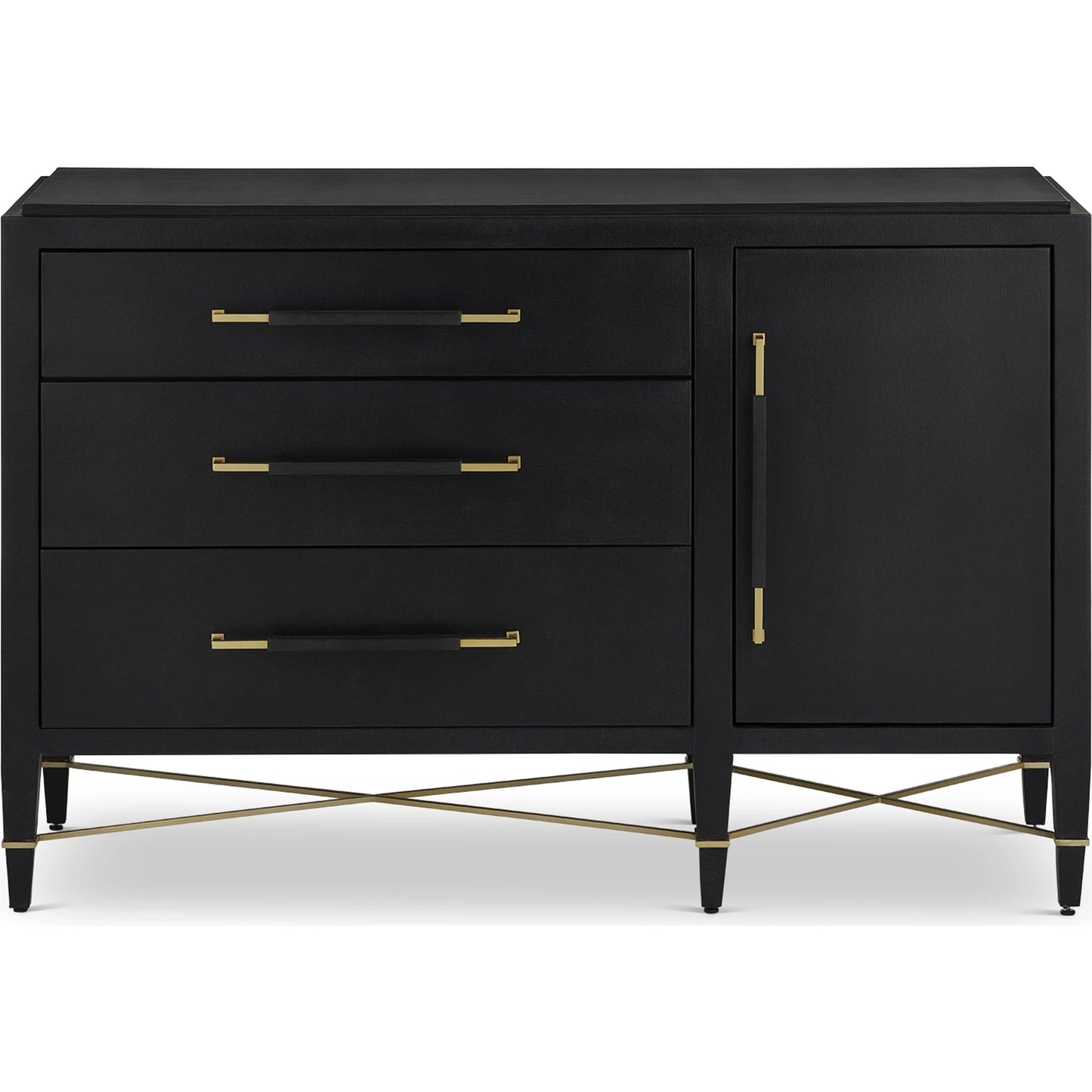 003 SI-2007903 | Additional Silo | Verona Three-Drawer Chest by Currey and Company in lacquered black linen, champagne. Made from black linen, mahogany, brass, iron in a traditional style.