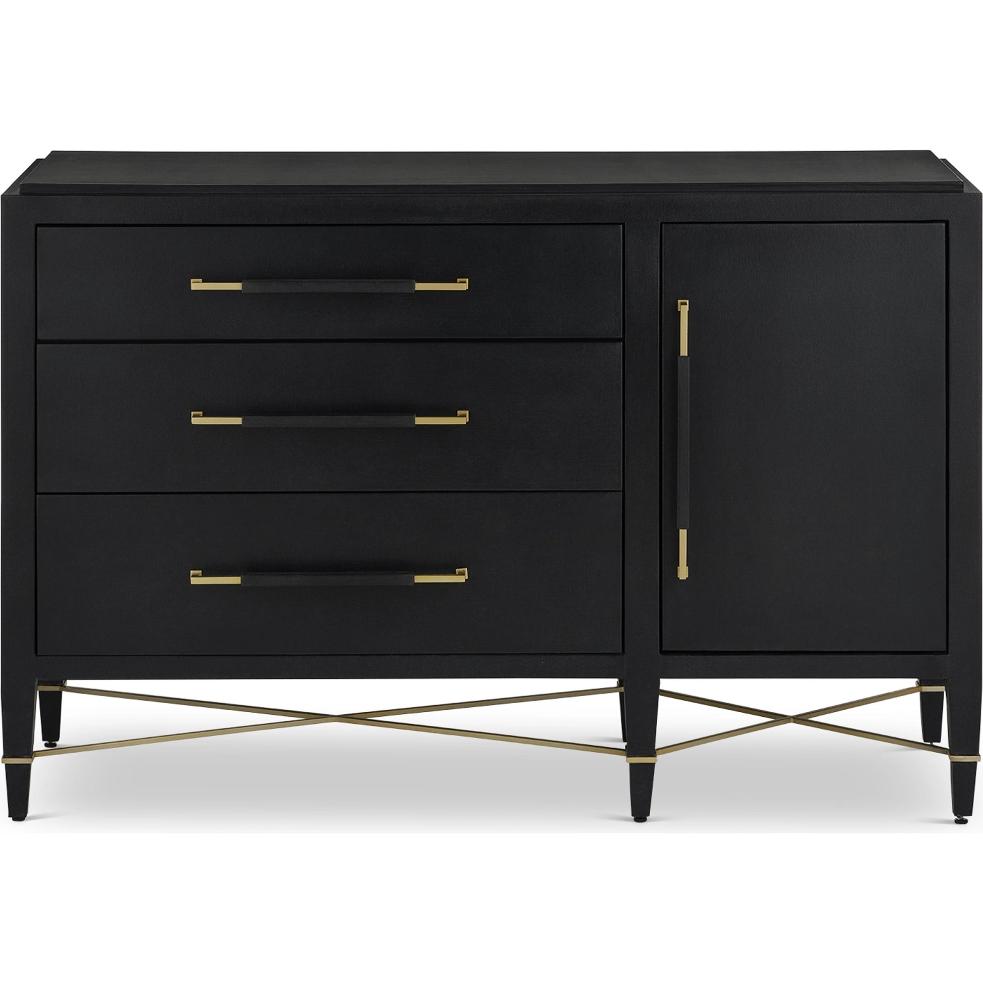 Verona Three-Drawer Chest by Currey and Company in lacquered black linen, champagne. Made from black linen, mahogany, brass, iron in a traditional style.