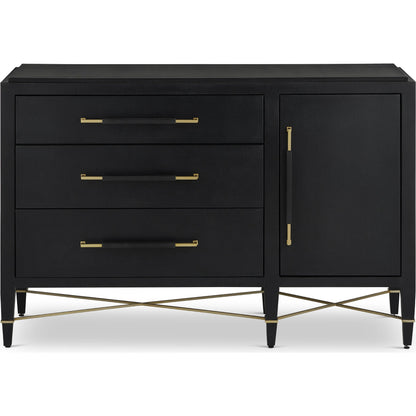 Verona Three-Drawer Chest by Currey and Company in lacquered black linen, champagne. Made from black linen, mahogany, brass, iron in a traditional style.