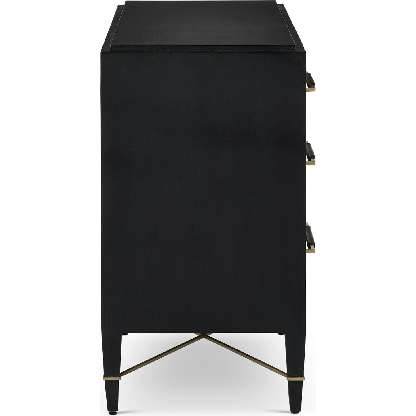 004 SI-2007903 | Additional Silo | Verona Three-Drawer Chest by Currey and Company in lacquered black linen, champagne. Made from black linen, mahogany, brass, iron in a traditional style.