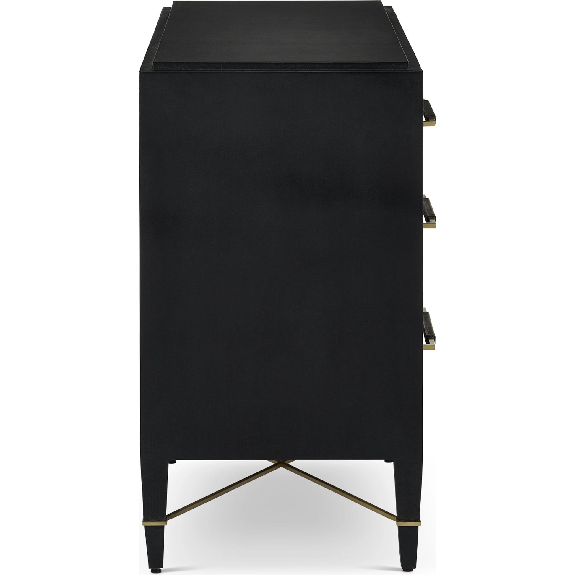 Verona Three-Drawer Chest by Currey and Company in lacquered black linen, champagne. Made from black linen, mahogany, brass, iron in a traditional style.