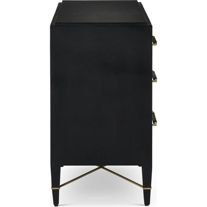 Verona Three-Drawer Chest by Currey and Company in lacquered black linen, champagne. Made from black linen, mahogany, brass, iron in a traditional style.
