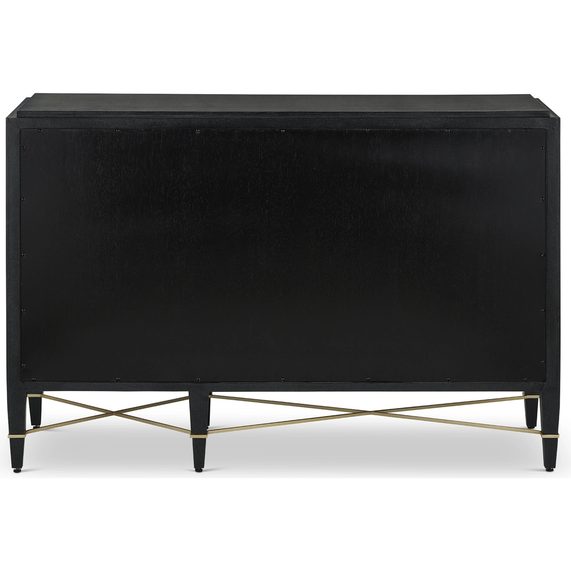 Verona Three-Drawer Chest by Currey and Company in lacquered black linen, champagne. Made from black linen, mahogany, brass, iron in a traditional style.