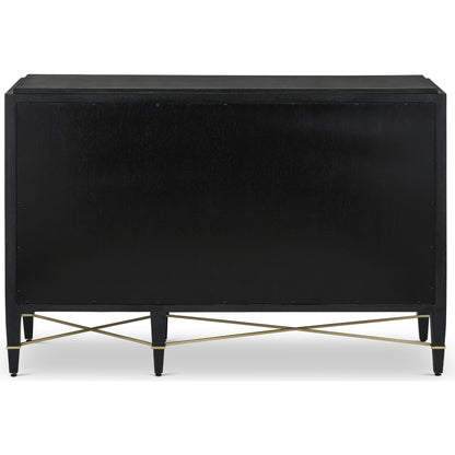 Verona Three-Drawer Chest by Currey and Company in lacquered black linen, champagne. Made from black linen, mahogany, brass, iron in a traditional style.