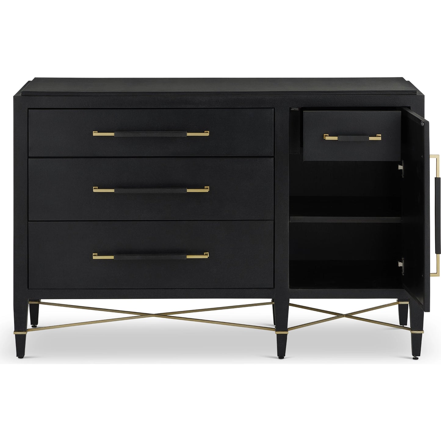 006 SI-2007903 | Additional Silo | Verona Three-Drawer Chest by Currey and Company in lacquered black linen, champagne. Made from black linen, mahogany, brass, iron in a traditional style.