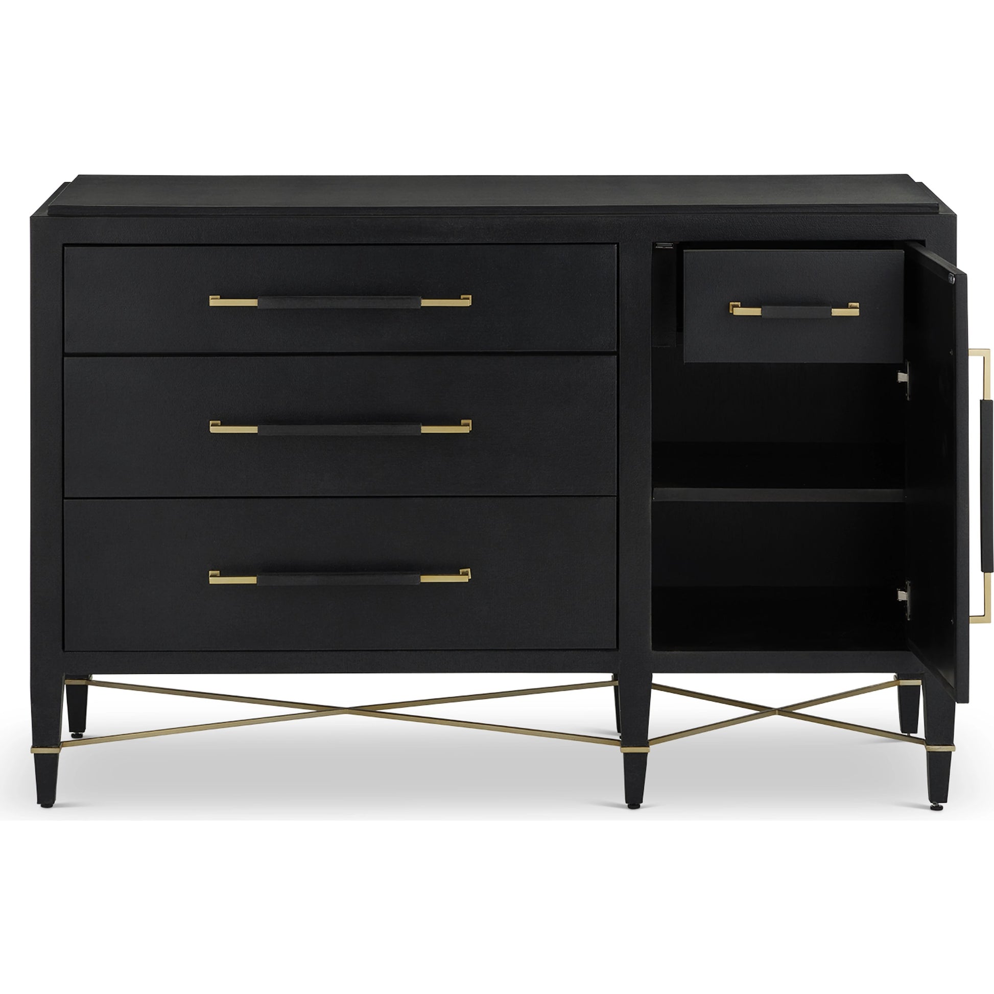 Verona Three-Drawer Chest by Currey and Company in lacquered black linen, champagne. Made from black linen, mahogany, brass, iron in a traditional style.