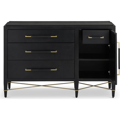 Verona Three-Drawer Chest by Currey and Company in lacquered black linen, champagne. Made from black linen, mahogany, brass, iron in a traditional style.