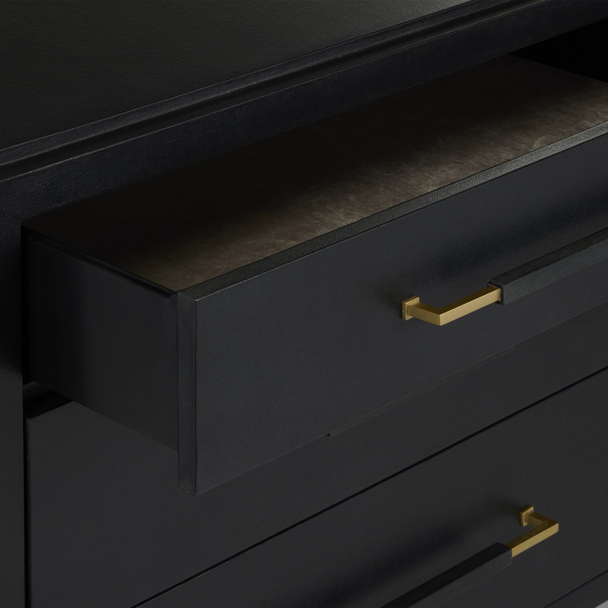 Verona Three-Drawer Chest by Currey and Company in lacquered black linen, champagne. Made from black linen, mahogany, brass, iron in a traditional style.