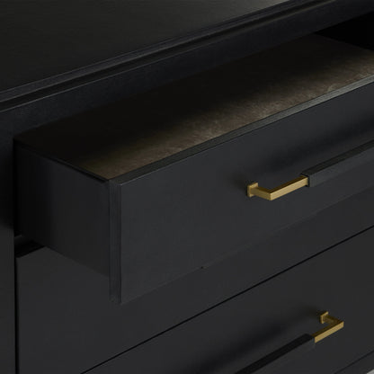 Verona Three-Drawer Chest by Currey and Company in lacquered black linen, champagne. Made from black linen, mahogany, brass, iron in a traditional style.