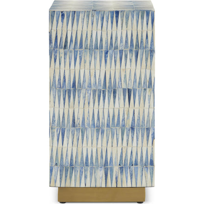 Nadene Accent Table by Currey and Company in blue, white, brushed brass. Made from bone, brass in a coastal style.