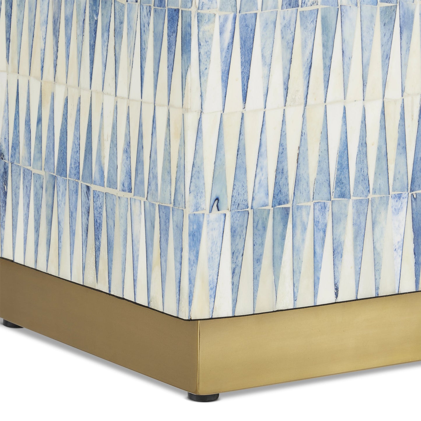 003 SI-2007821 | Closeup | Nadene Accent Table by Currey and Company in blue, white, brushed brass. Made from bone, brass in a coastal style.