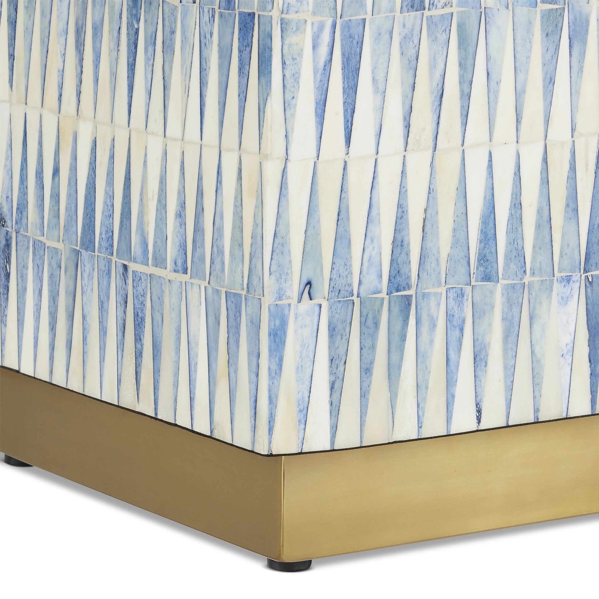 Nadene Accent Table by Currey and Company in blue, white, brushed brass. Made from bone, brass in a coastal style.