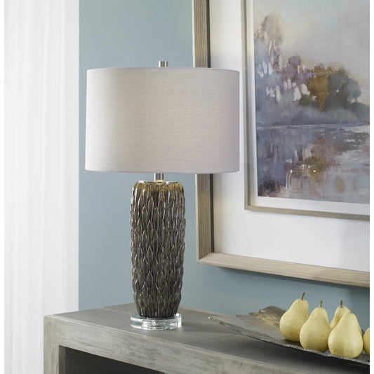 Nettle Table Lamp by Uttermost in mushroom gray. Made from crystal, metal, ceramic, fabric in a transitional style.