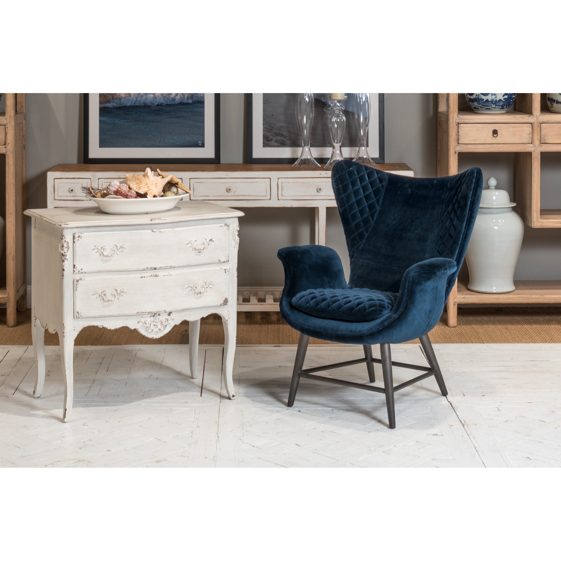 Wings Chair by Sarreid Ltd. in blue. Made from velvet, metal in a modern style.