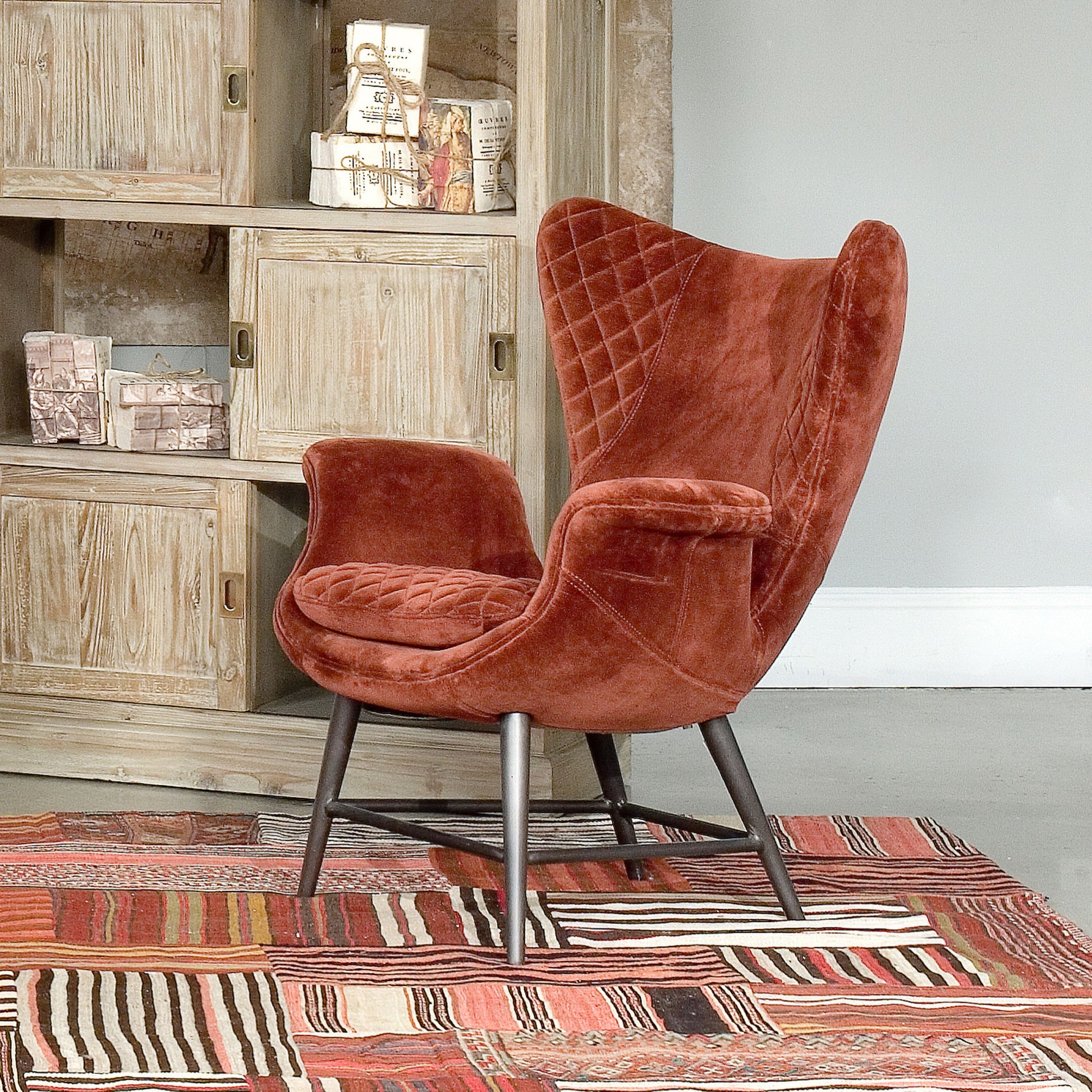 Wings Chair by Sarreid Ltd. in blue. Made from velvet, metal in a modern style.