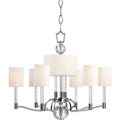 Waterloo Chandelier by Hudson Valley in polished nickel. Made from steel in a transitional style.