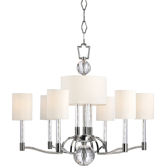 Waterloo Chandelier by Hudson Valley in polished nickel. Made from steel in a transitional style.