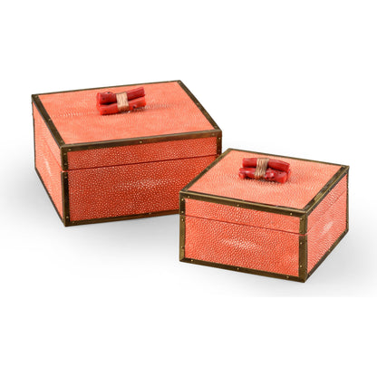 Coral Boxes by Wildwood in red, antique patina. Made from faux shagreen in a transitional style.