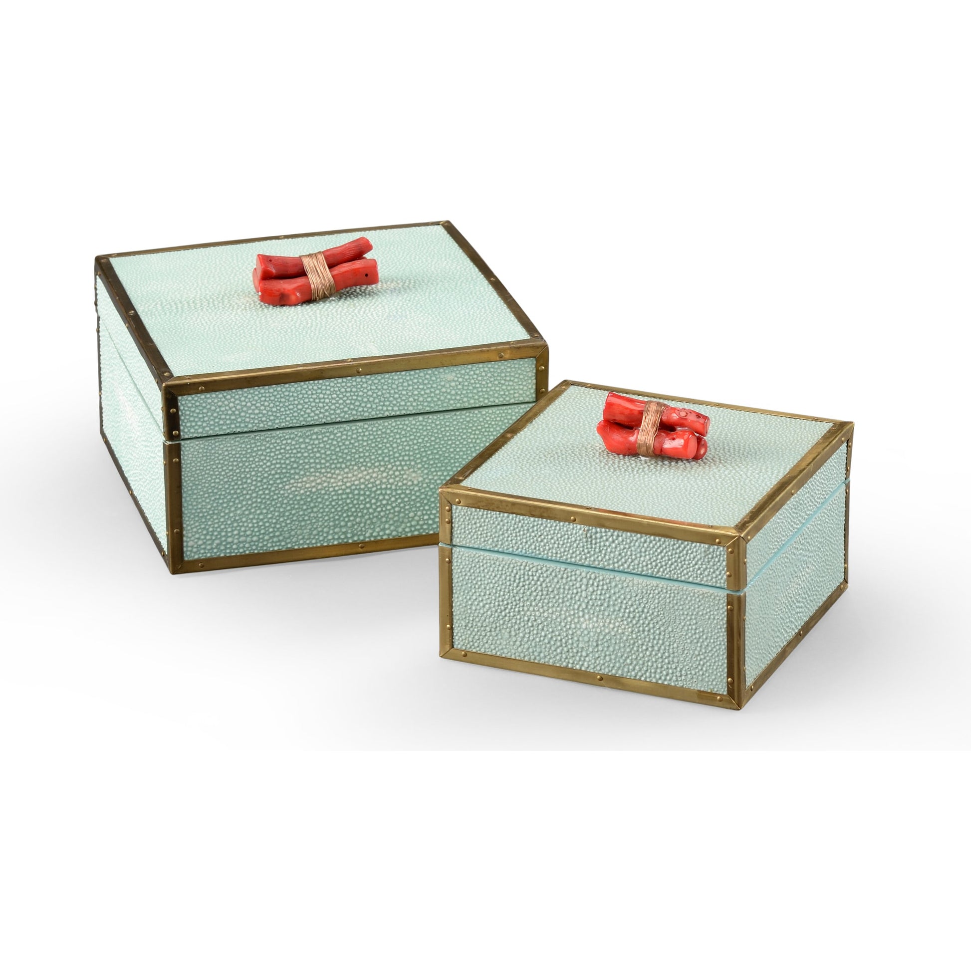 Coral Boxes by Wildwood in red, antique patina. Made from faux shagreen in a transitional style.