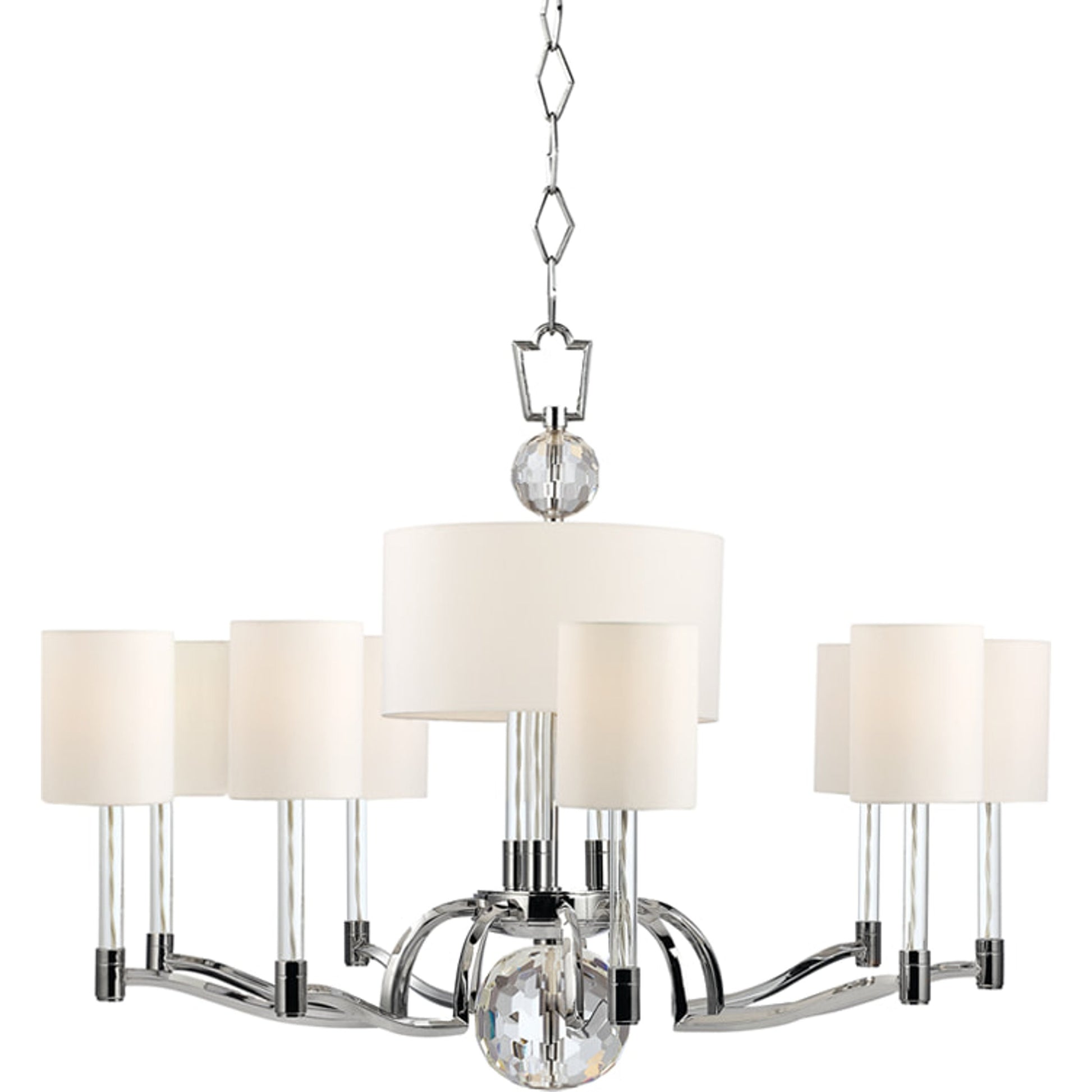 Waterloo Chandelier by Hudson Valley in polished nickel. Made from steel in a transitional style.