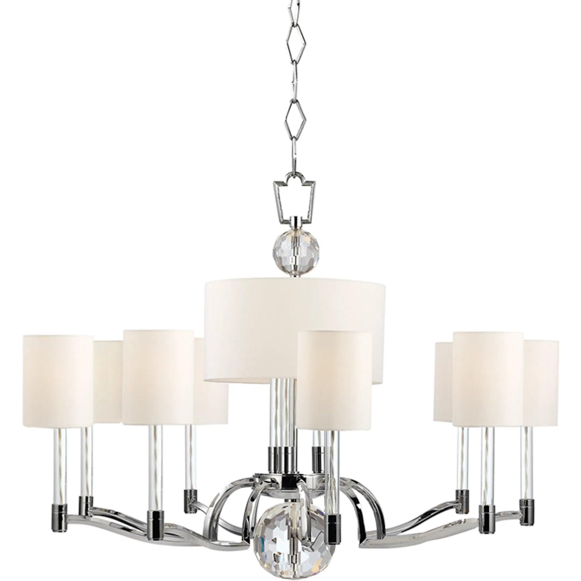 Waterloo Chandelier by Hudson Valley in polished nickel. Made from steel in a transitional style.