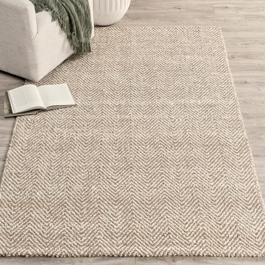 Herringbone Area Accent Rug by Villa by Classic Home in ivory. Made from 75% wool, 25% jute, cotton canvas backing for size 5x8, larger in a unique style.