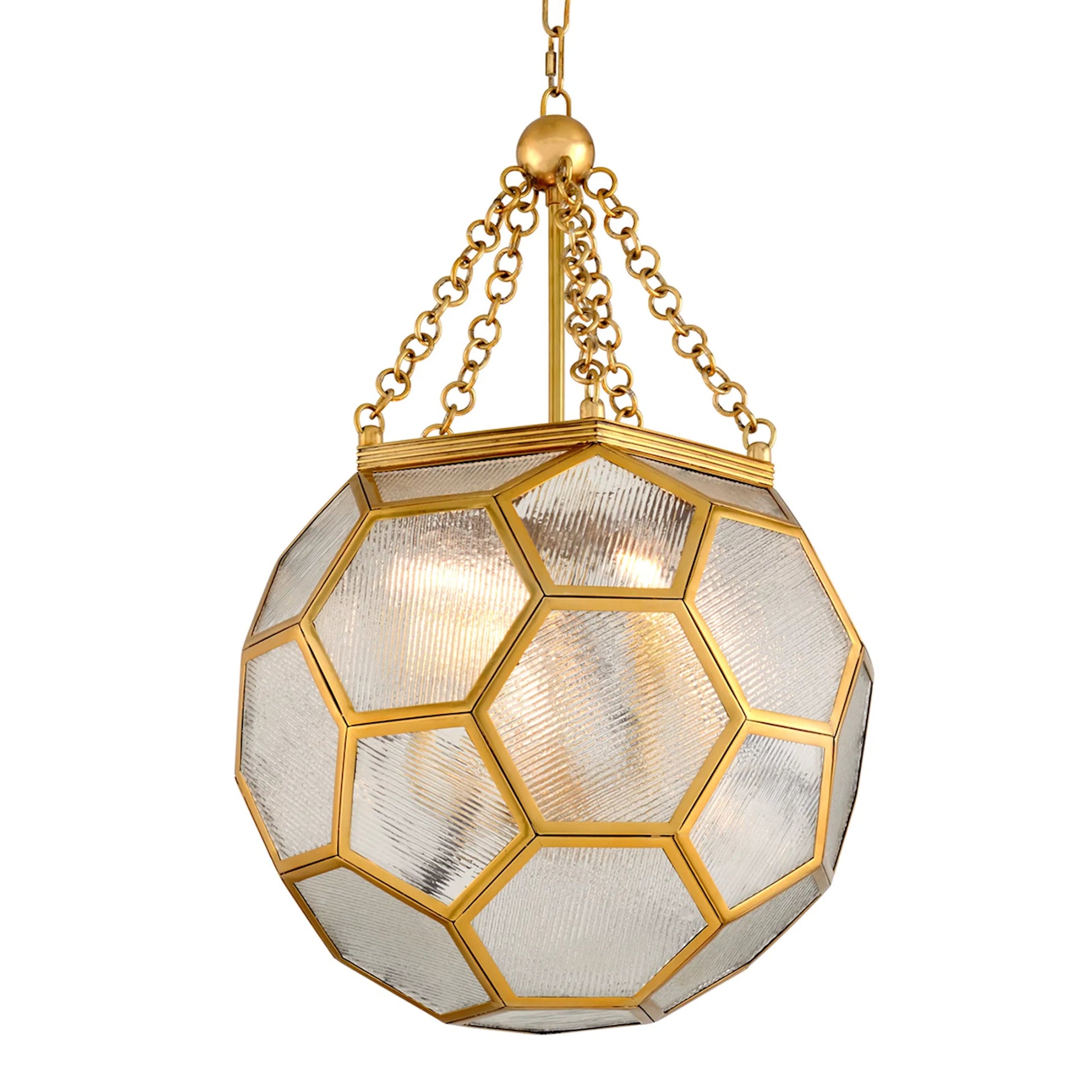 Hexsation Chandelier by Corbett in vintage brass. Made from solid brass in a unique style.