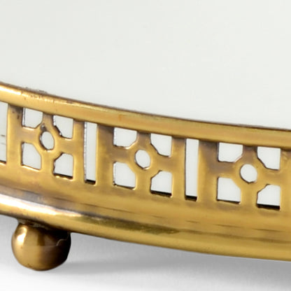 Footed Vanity Tray by Wildwood in antique patina, plain, clear. Made from brass, mirror in a transitional style.