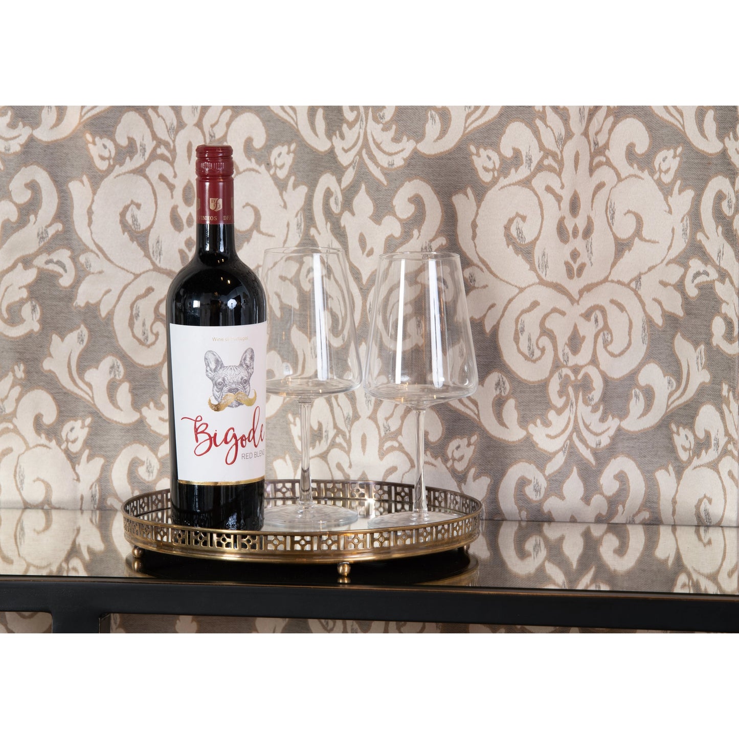 003 SR-385429 | Lifestyle | Footed Vanity Tray by Wildwood in antique patina, plain, clear. Made from brass, mirror in a transitional style.