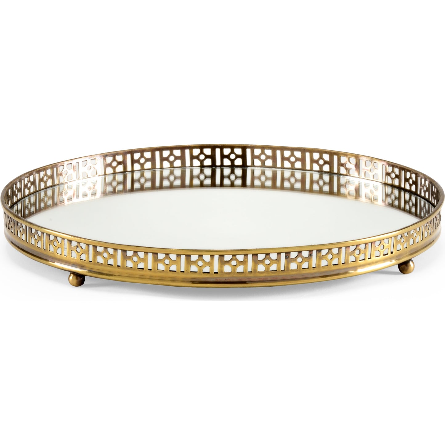 001 SR-385429 | Primary Silo | Footed Vanity Tray by Wildwood in antique patina, plain, clear. Made from brass, mirror in a transitional style.