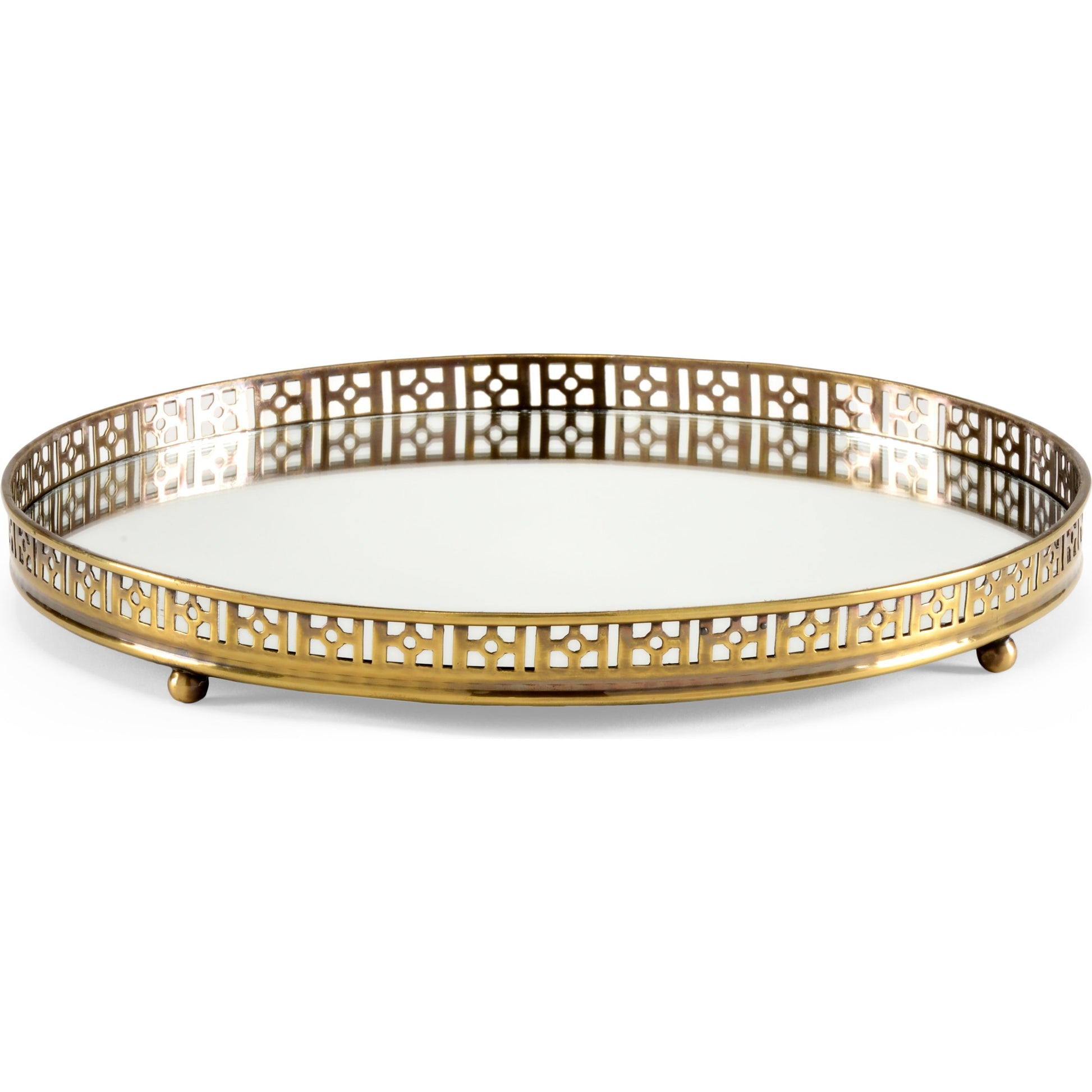 Footed Vanity Tray by Wildwood in antique patina, plain, clear. Made from brass, mirror in a transitional style.